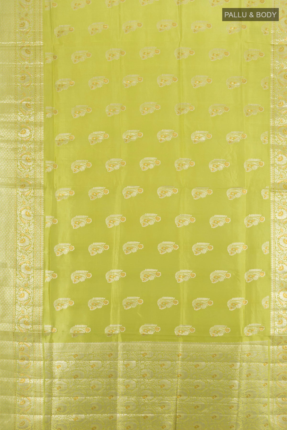 Flat view of Pista Green Banarasi Raw Silk Saree with Zari Butta on the body and Silk Border. 