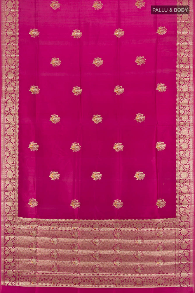 Flat view of Purple Banarasi Raw Silk Saree with Zari Butta on the body and Silk Border. 