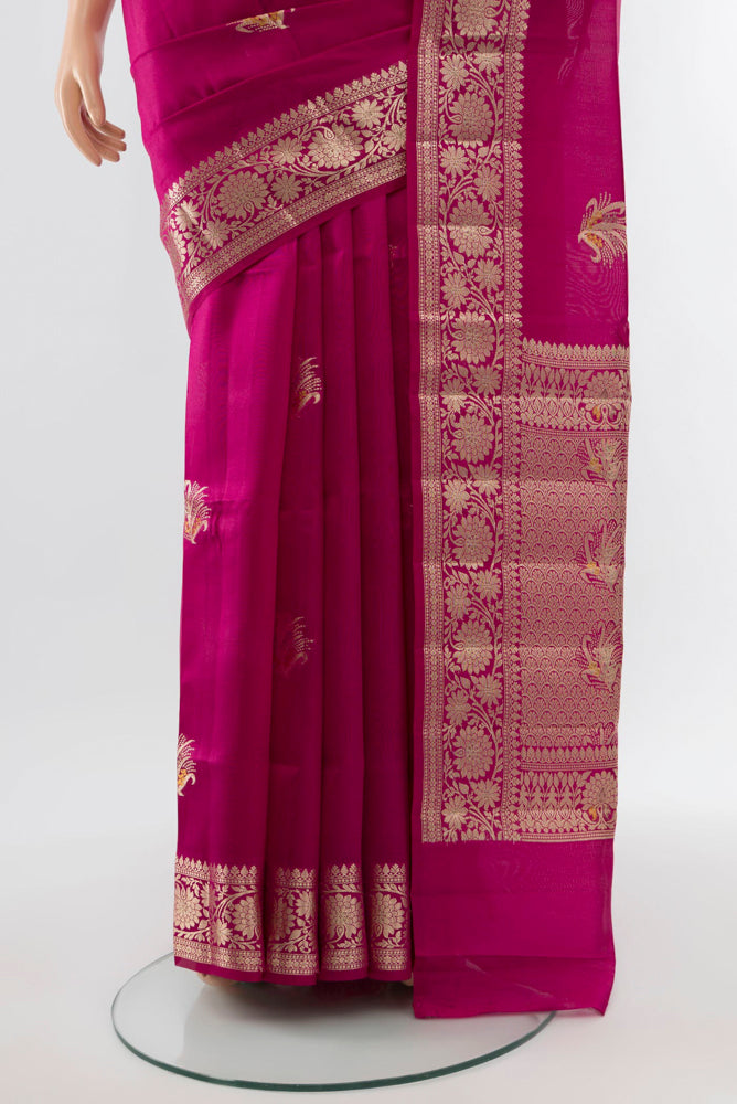 Pleats and pallu of Purple Banarasi Raw Silk Saree with Zari Butta on the body and Silk Border. 