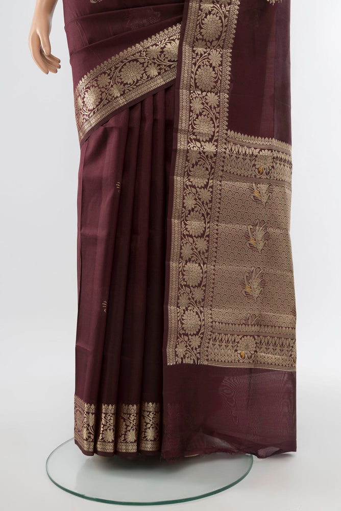 Pleats and pallu of Coffee Brown Banarasi Raw Silk Saree with Zari Butta on the body and Silk Border. 