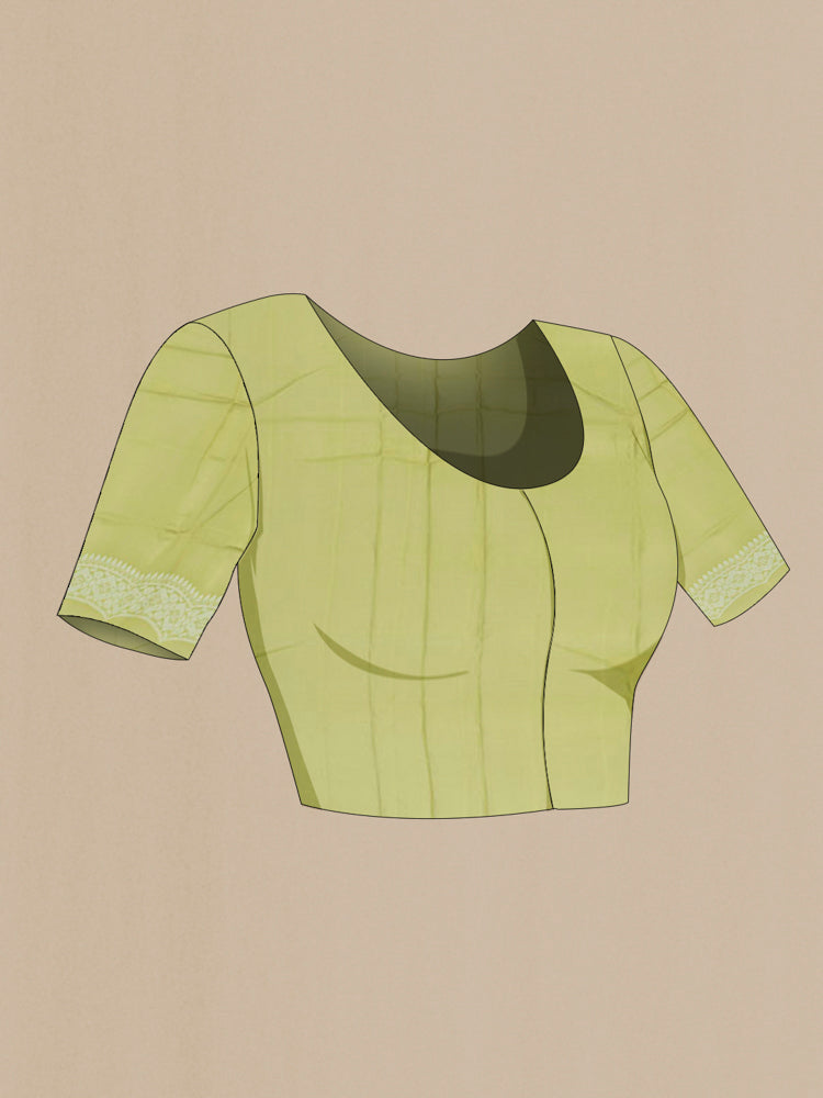 Close up image of the blouse of Pista Green Banarasi Georgette Saree with Jacquard With Thread Butta on the body and Silk Border. 