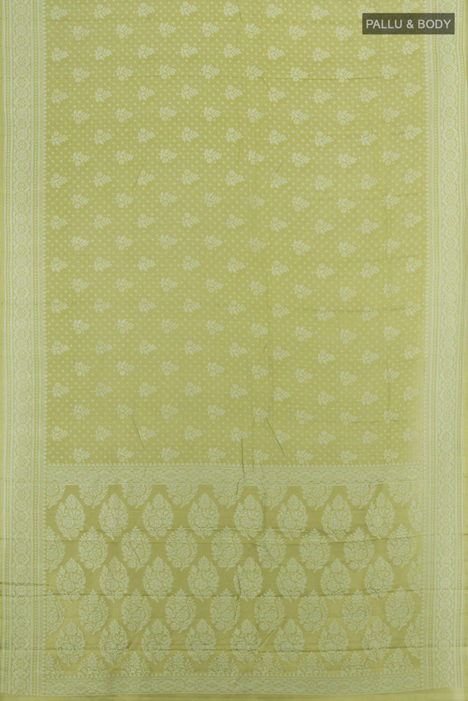 Flat view of Pista Green Banarasi Georgette Saree with Jacquard With Thread Butta on the body and Silk Border. 