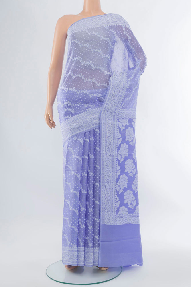Violet Banarasi Georgette Saree with Jacquard With Thread Butta on the body and Silk Border.  displayed on a mannequin
