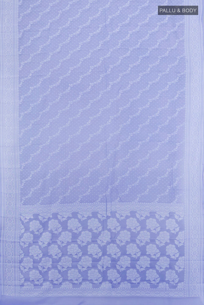 Flat view of Violet Banarasi Georgette Saree with Jacquard With Thread Butta on the body and Silk Border. 