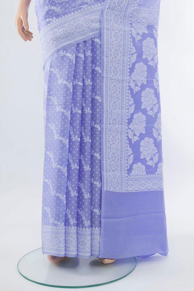 Pleats and pallu of Violet Banarasi Georgette Saree with Jacquard With Thread Butta on the body and Silk Border. 