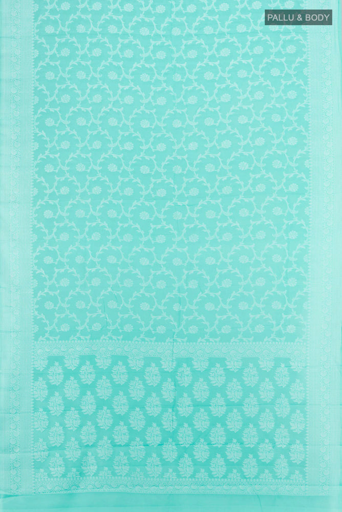 Flat view of Sky Blue Banarasi Georgette Saree with Jacquard With Thread Butta on the body and Silk Border. 