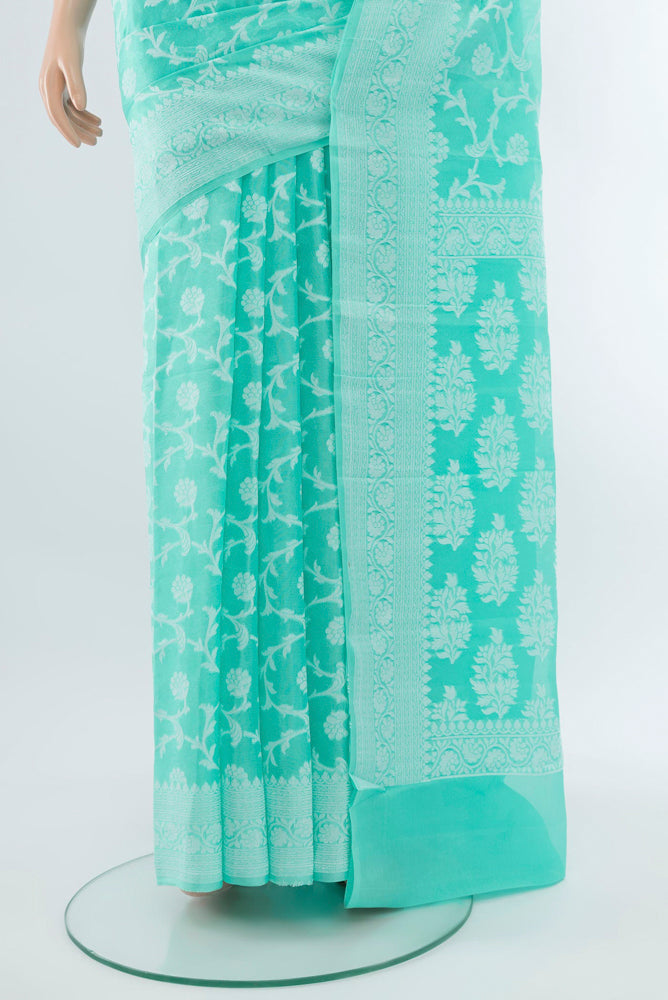 Pleats and pallu of Sky Blue Banarasi Georgette Saree with Jacquard With Thread Butta on the body and Silk Border. 