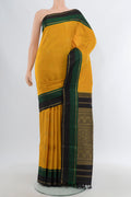 Pure Silk Pure Zari Mustard Kanjivaram Saree with Zari Butta on the body and Plain Border.  displayed on a mannequin