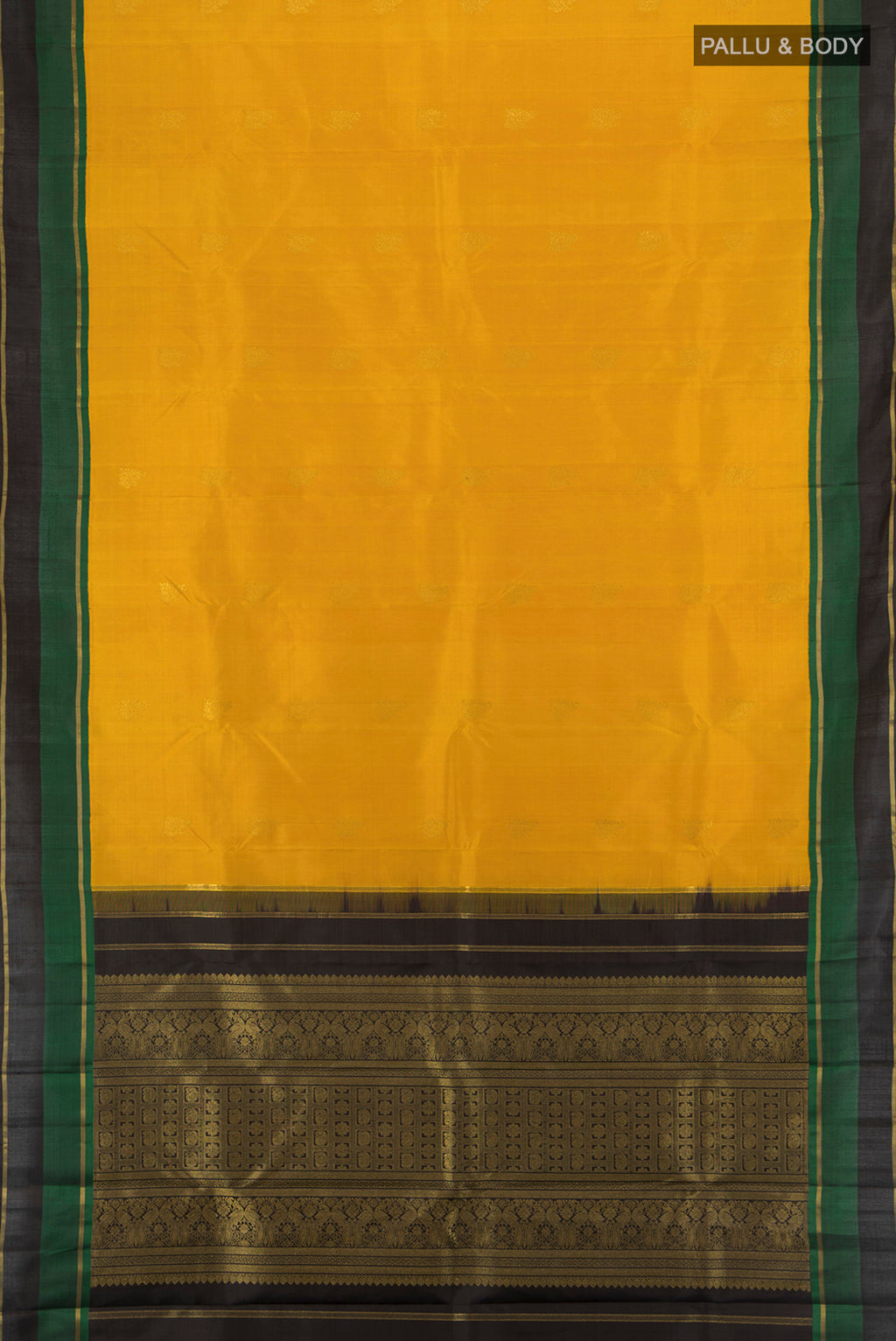 Flat view of Pure Silk Pure Zari Mustard Kanjivaram Saree with Zari Butta on the body and Plain Border. 