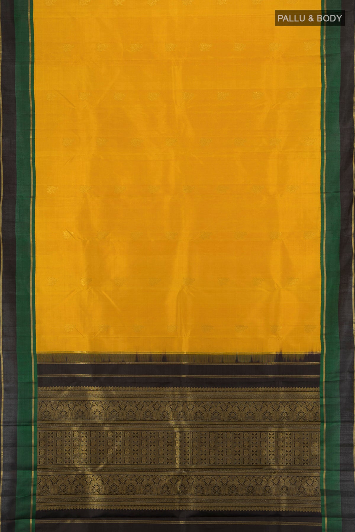Flat view of Pure Silk Pure Zari Mustard Kanjivaram Saree with Zari Butta on the body and Plain Border. 