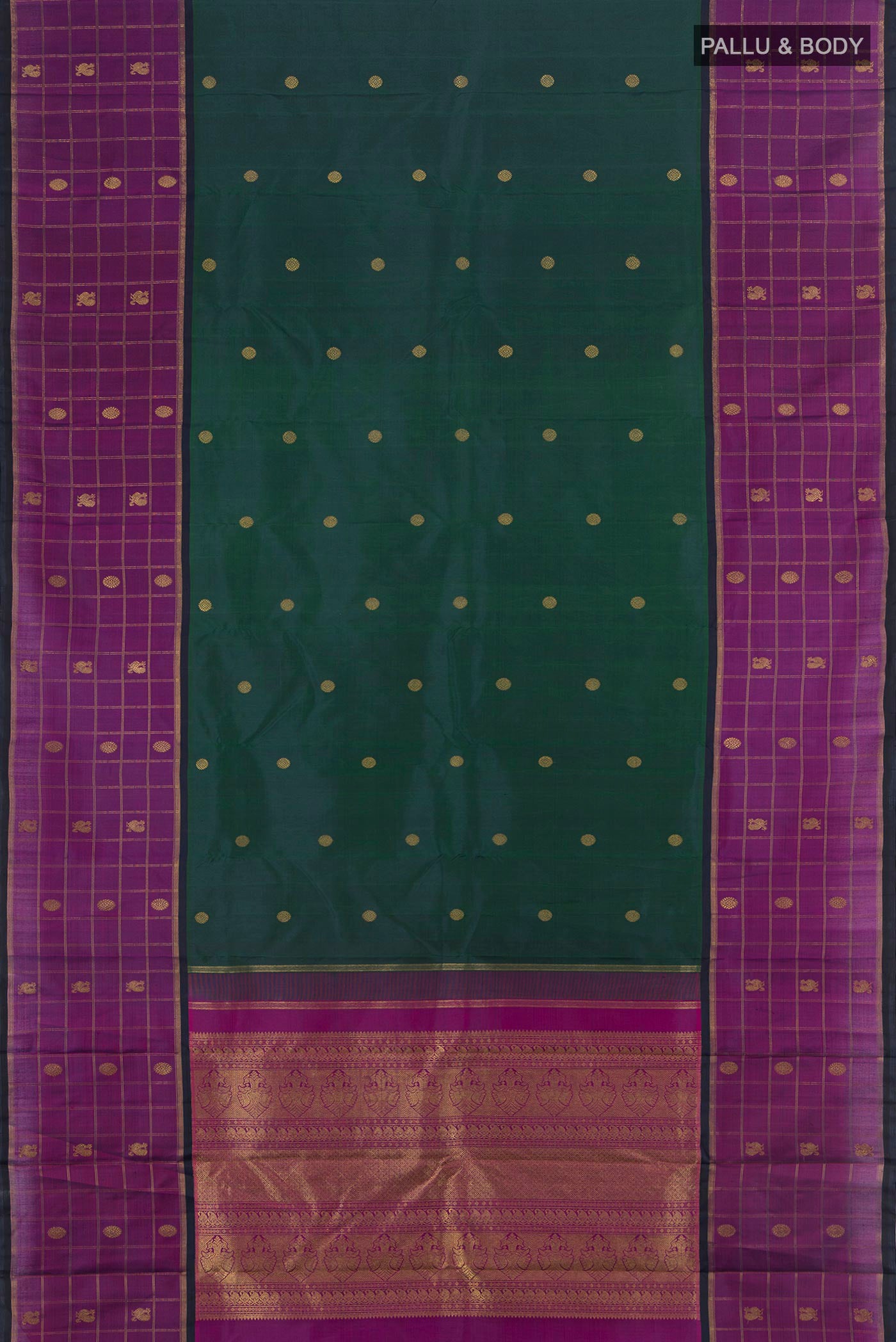 Flat view of Pure Silk Pure Zari Bottle Green Kanjivaram Saree with Zari Butta on the body and Zari Border. 