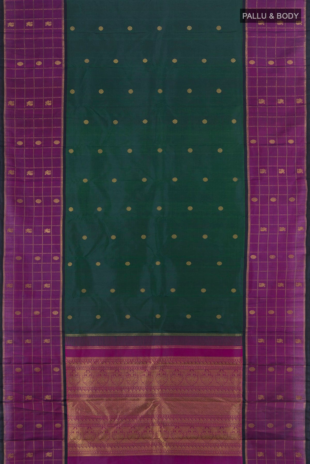 Flat view of Pure Silk Pure Zari Bottle Green Kanjivaram Saree with Zari Butta on the body and Zari Border. 