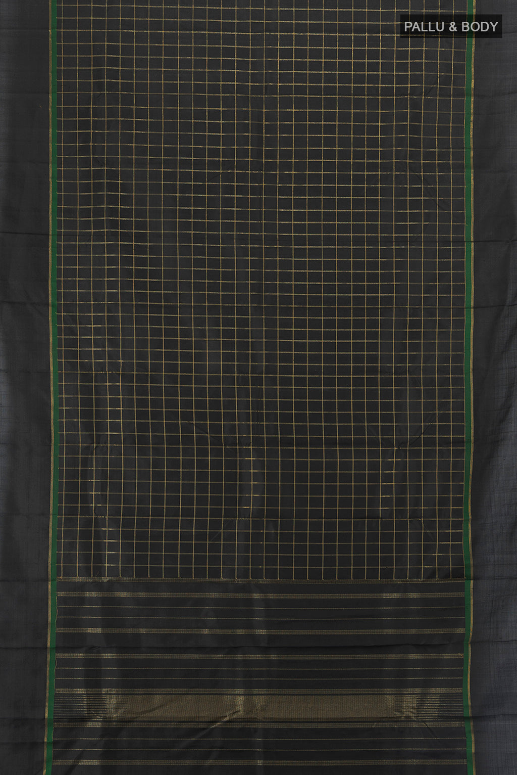 Flat view of Pure Silk Pure Zari Black Kanchipuram Saree with Checked design on the body and Plain Border. 