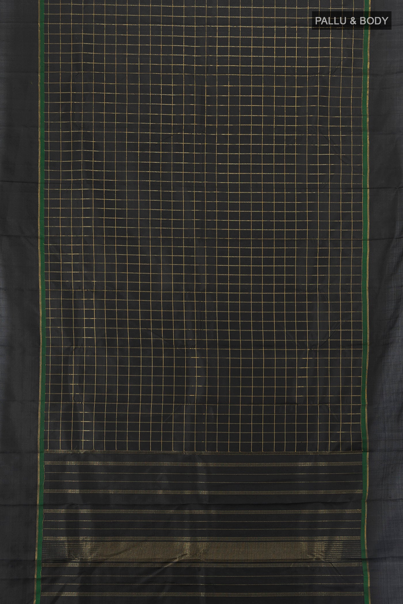 Flat view of Pure Silk Pure Zari Black Kanchipuram Saree with Checked design on the body and Plain Border. 