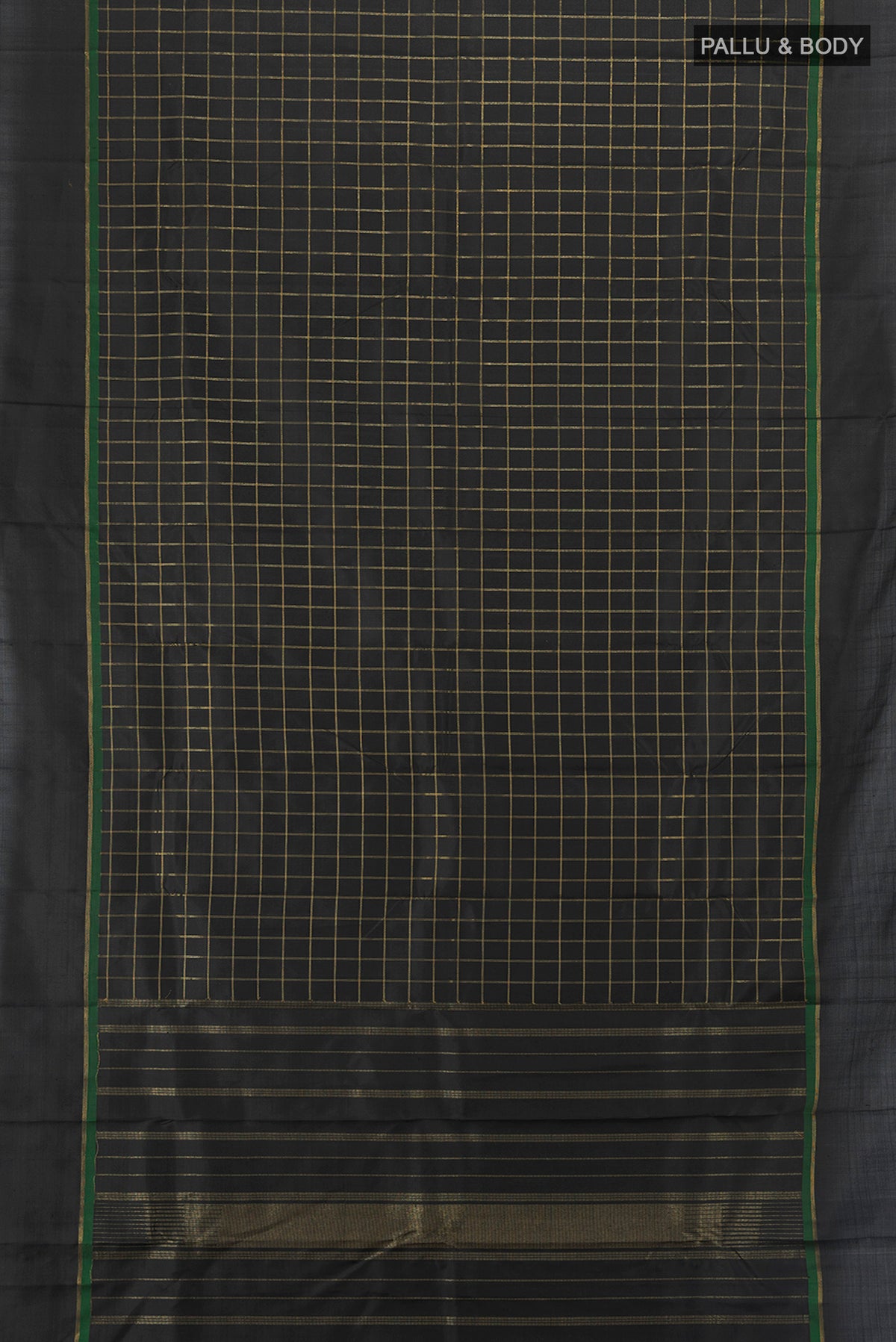 Flat view of Pure Silk Pure Zari Black Kanchipuram Saree with Checked design on the body and Plain Border. 