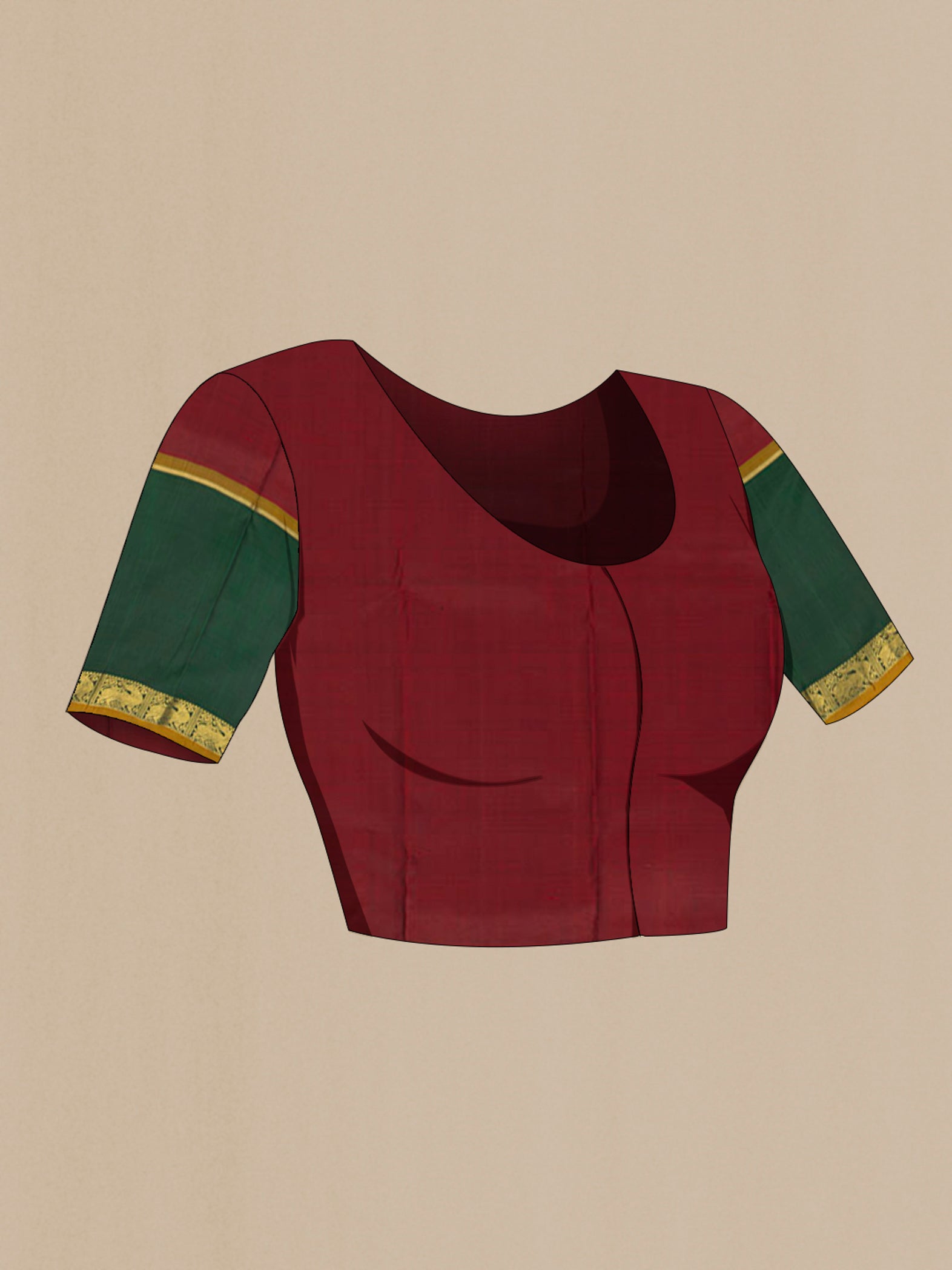 Close up image of the blouse of Pure Silk Pure Zari Maroon Kanjivaram Saree with Zari Brocade on the body and Zari Border. 