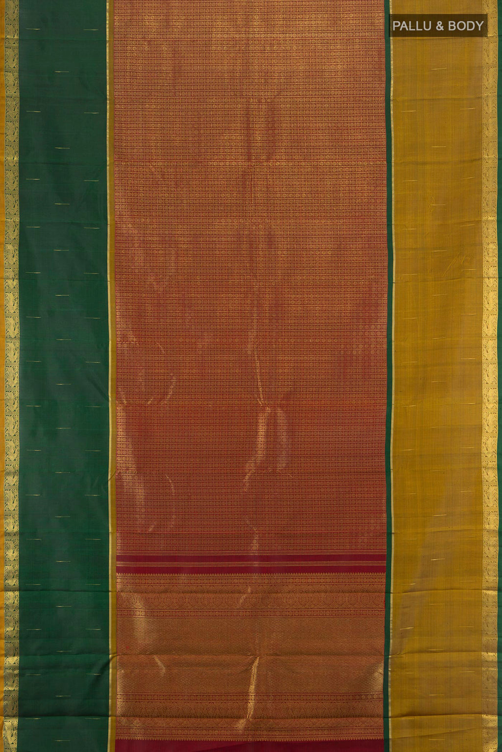 Flat view of Pure Silk Pure Zari Maroon Kanjivaram Saree with Zari Brocade on the body and Zari Border. 