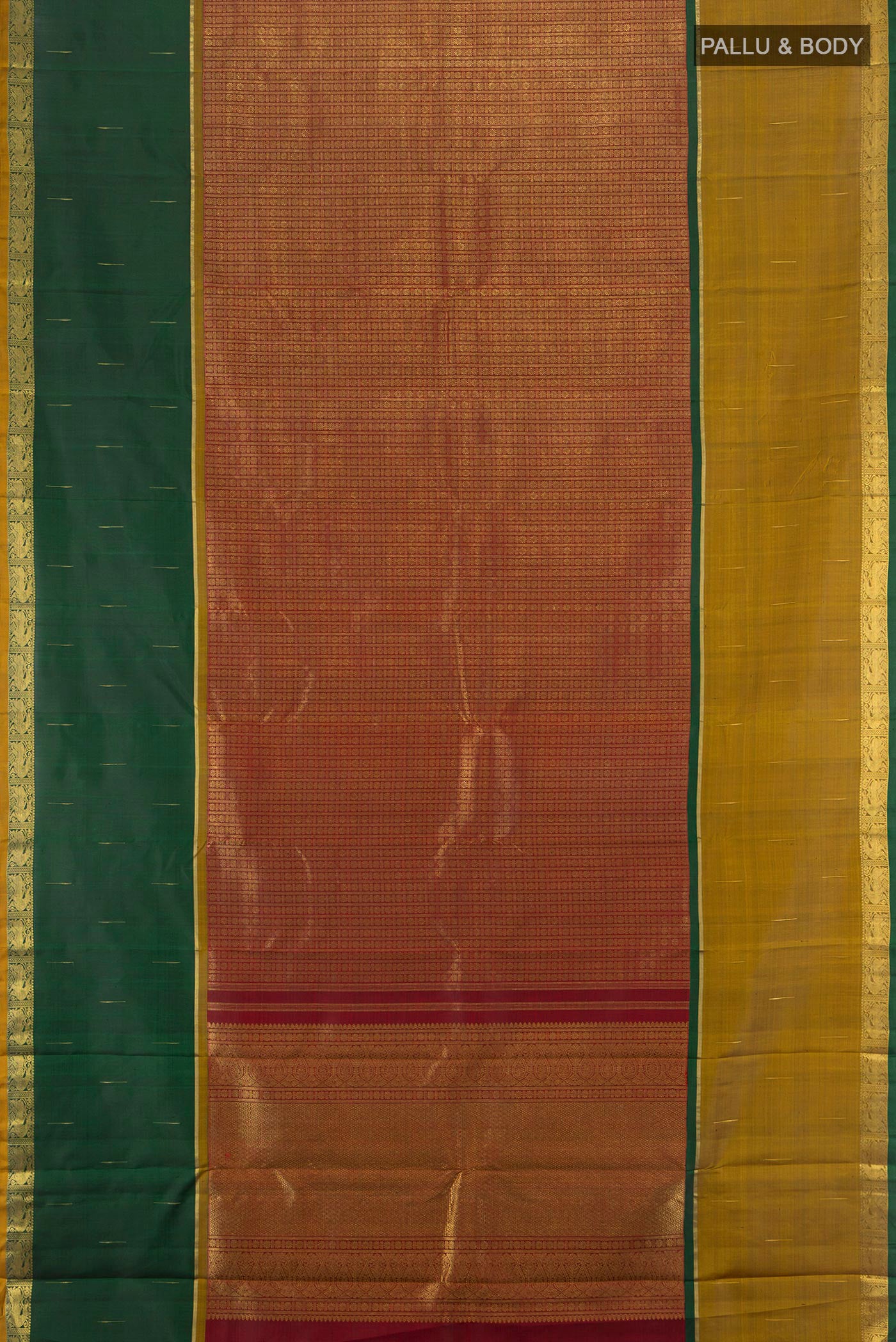 Flat view of Pure Silk Pure Zari Maroon Kanjivaram Saree with Zari Brocade on the body and Zari Border. 