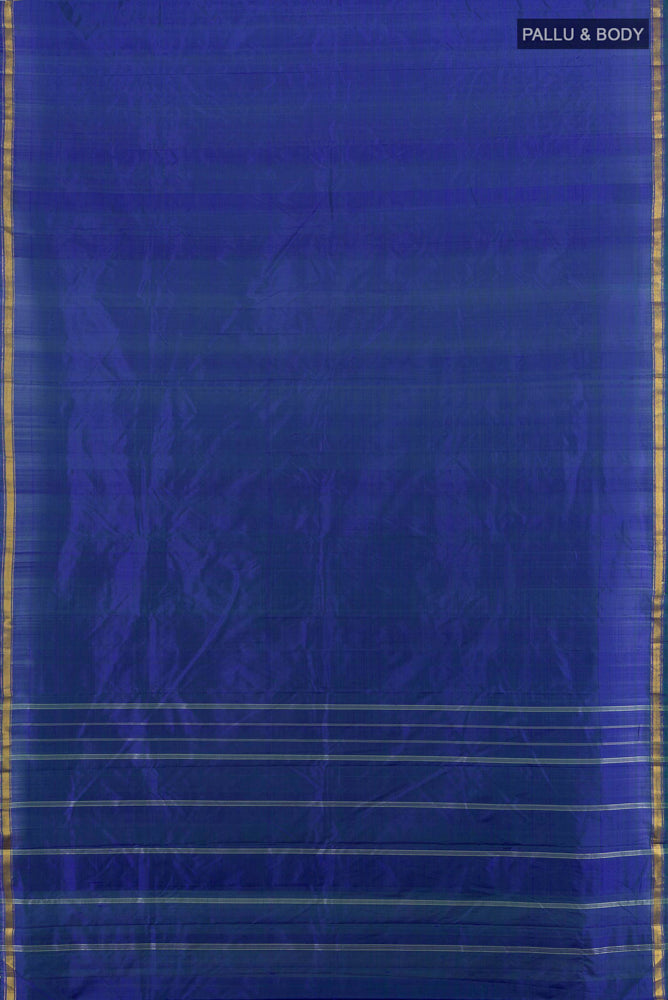 Flat view of Dark Blue Kanchipuram Silk Saree with Plain Body and Silk Border. 