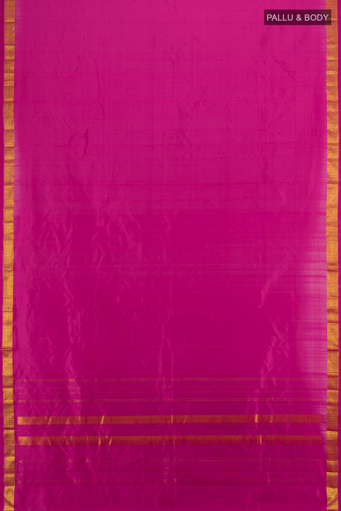 Flat view of Dark Pink Kanjivaram Silk Saree with Plain Body and Silk Border. 