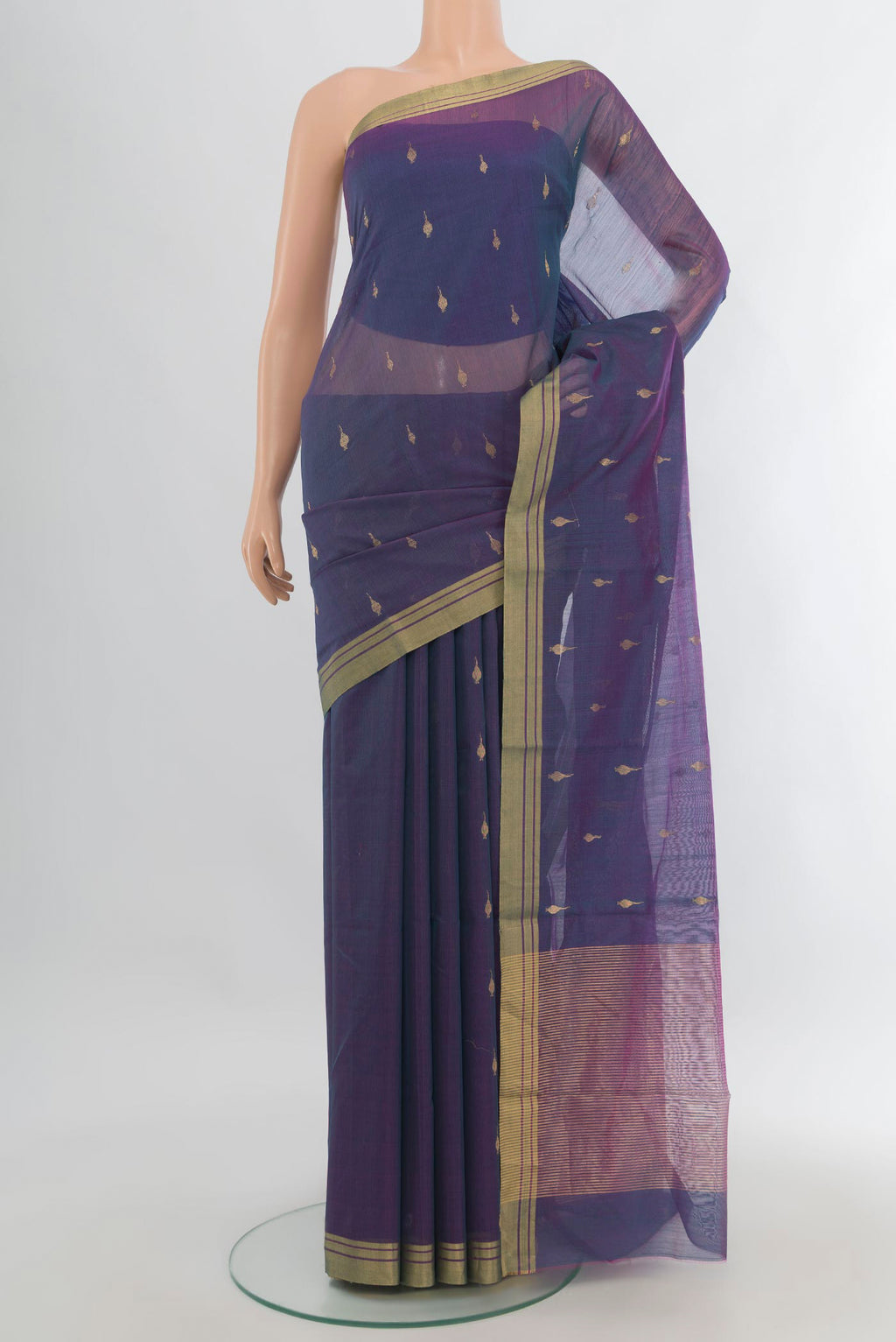 Peacock Blue Dual Tone Chanderi Cotton Saree with Zari Butta on the body and Zari Border.  displayed on a mannequin