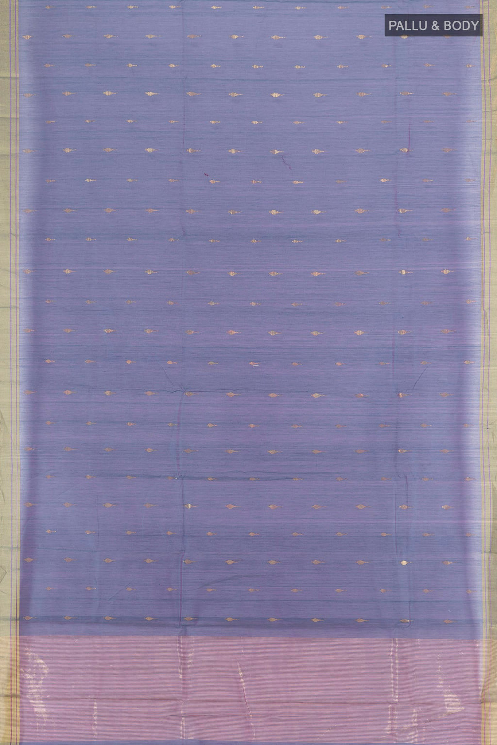 Flat view of Peacock Blue Dual Tone Chanderi Cotton Saree with Zari Butta on the body and Zari Border. 