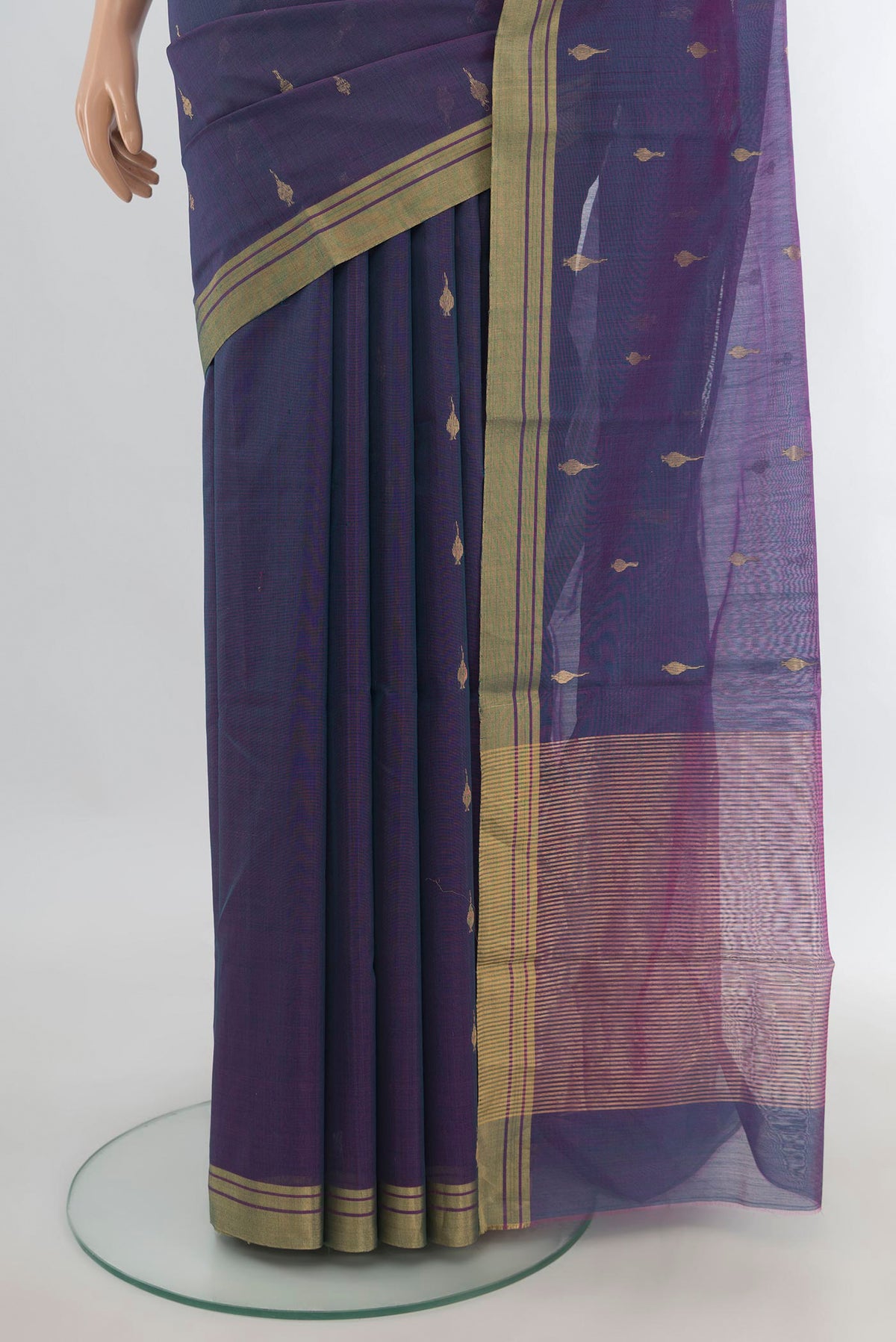 Pleats and pallu of Peacock Blue Dual Tone Chanderi Cotton Saree with Zari Butta on the body and Zari Border. 