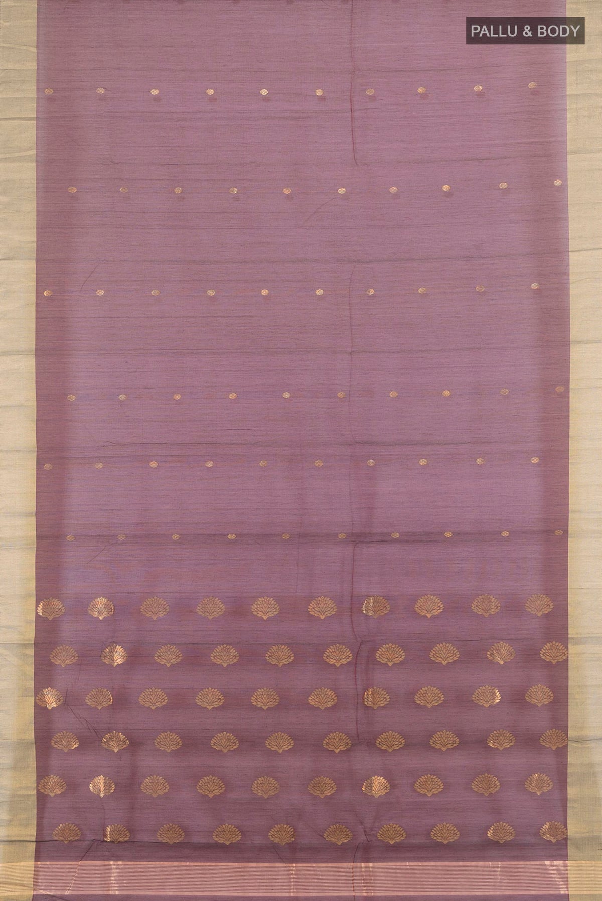 Flat view of Coffee Brown Chanderi Cotton Saree with Zari Butta on the body and Zari Border. 
