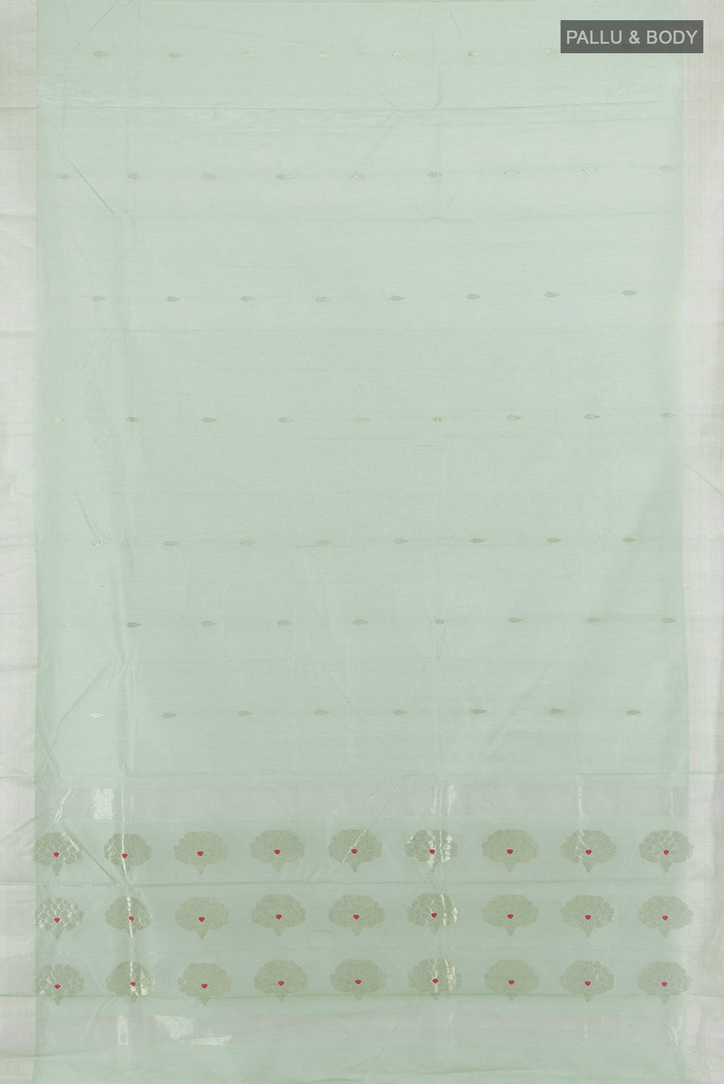Flat view of Light Green Chanderi Cotton Saree with Zari Butta on the body and Zari Border. 
