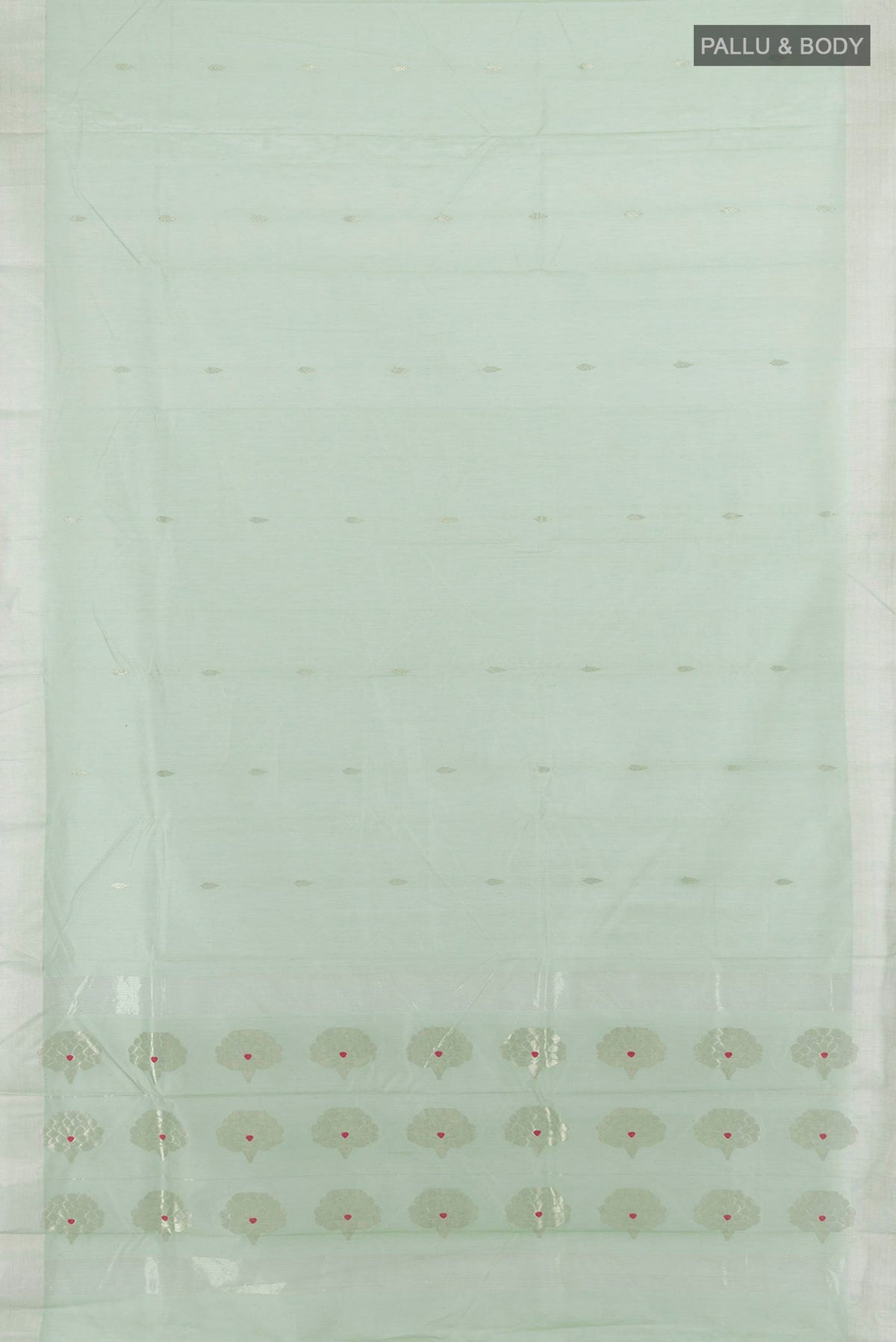 Flat view of Light Green Chanderi Cotton Saree with Zari Butta on the body and Zari Border. 