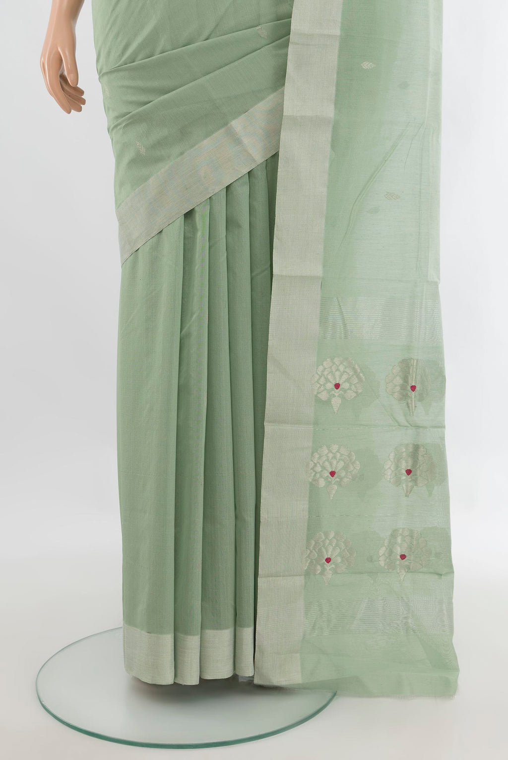 Pleats and pallu of Light Green Chanderi Cotton Saree with Zari Butta on the body and Zari Border. 