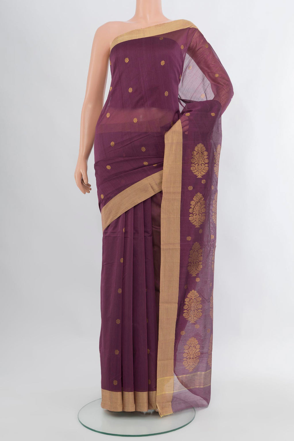 Purple Chanderi Silk Cotton Saree with Zari Butta on the body and Zari Border.  displayed on a mannequin