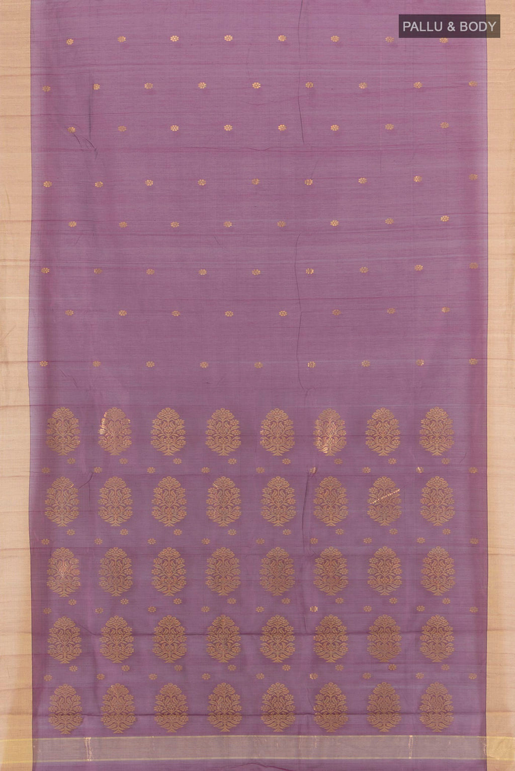 Flat view of Purple Chanderi Silk Cotton Saree with Zari Butta on the body and Zari Border. 