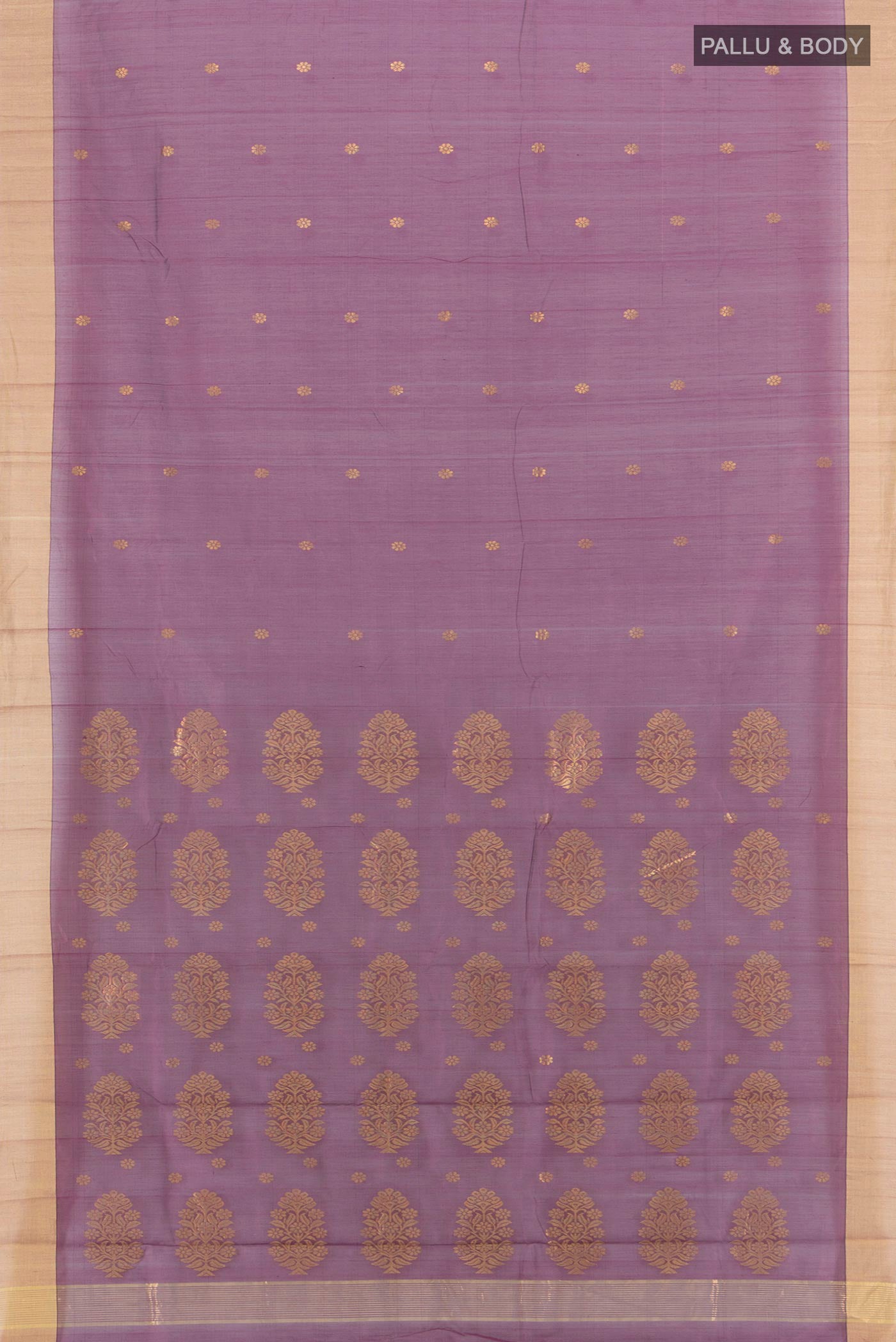Flat view of Purple Chanderi Silk Cotton Saree with Zari Butta on the body and Zari Border. 