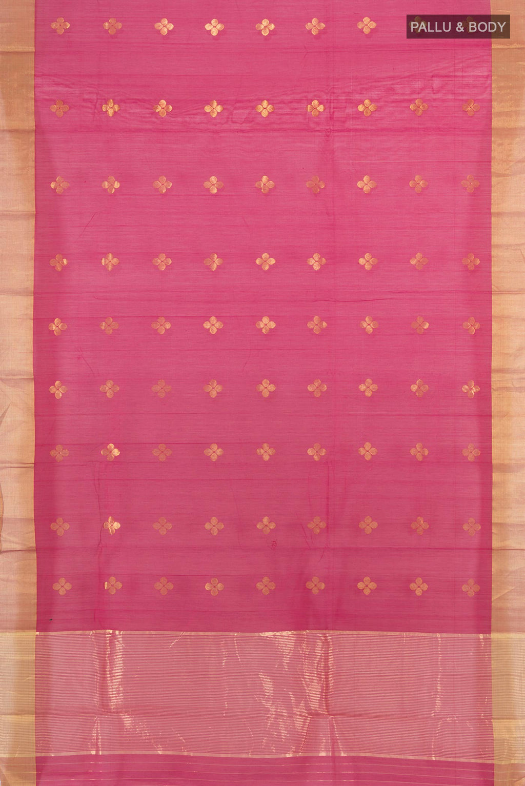 Flat view of Dark Pink Chanderi Cotton Saree with Zari Butta on the body and Zari Border. 