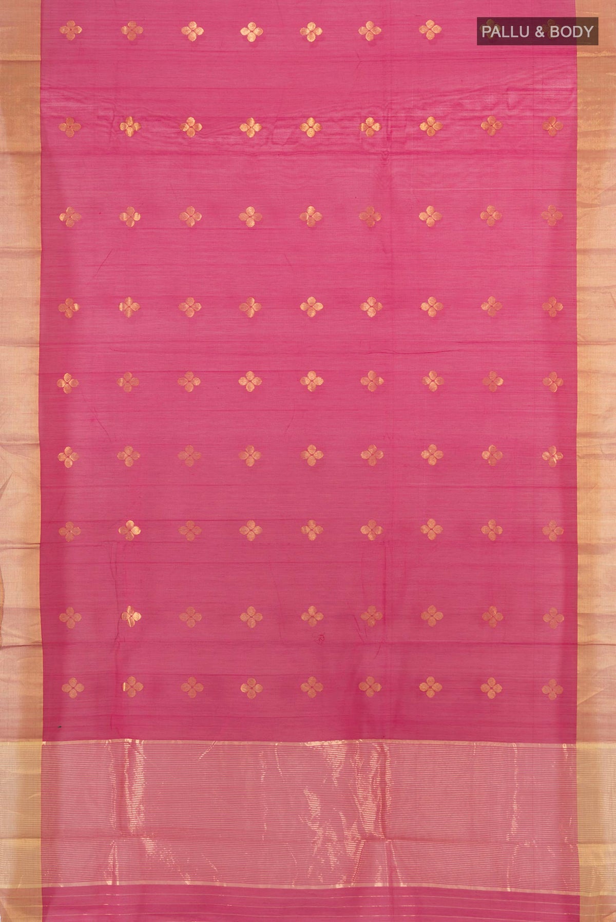 Flat view of Dark Pink Chanderi Cotton Saree with Zari Butta on the body and Zari Border. 