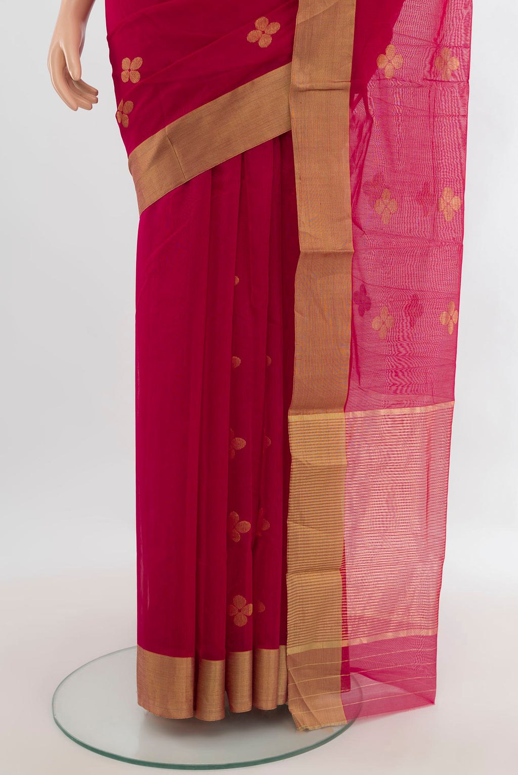 Pleats and pallu of Dark Pink Chanderi Cotton Saree with Zari Butta on the body and Zari Border. 