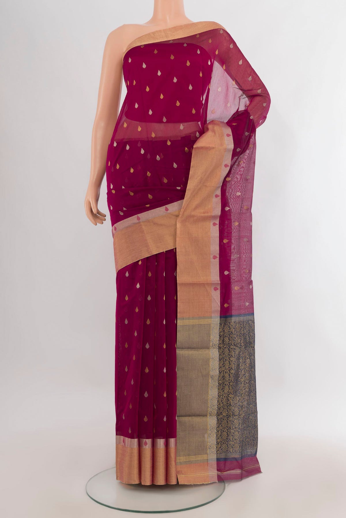 Dark Pink Chanderi Cotton Saree with Zari Butta on the body and Zari Border.  displayed on a mannequin