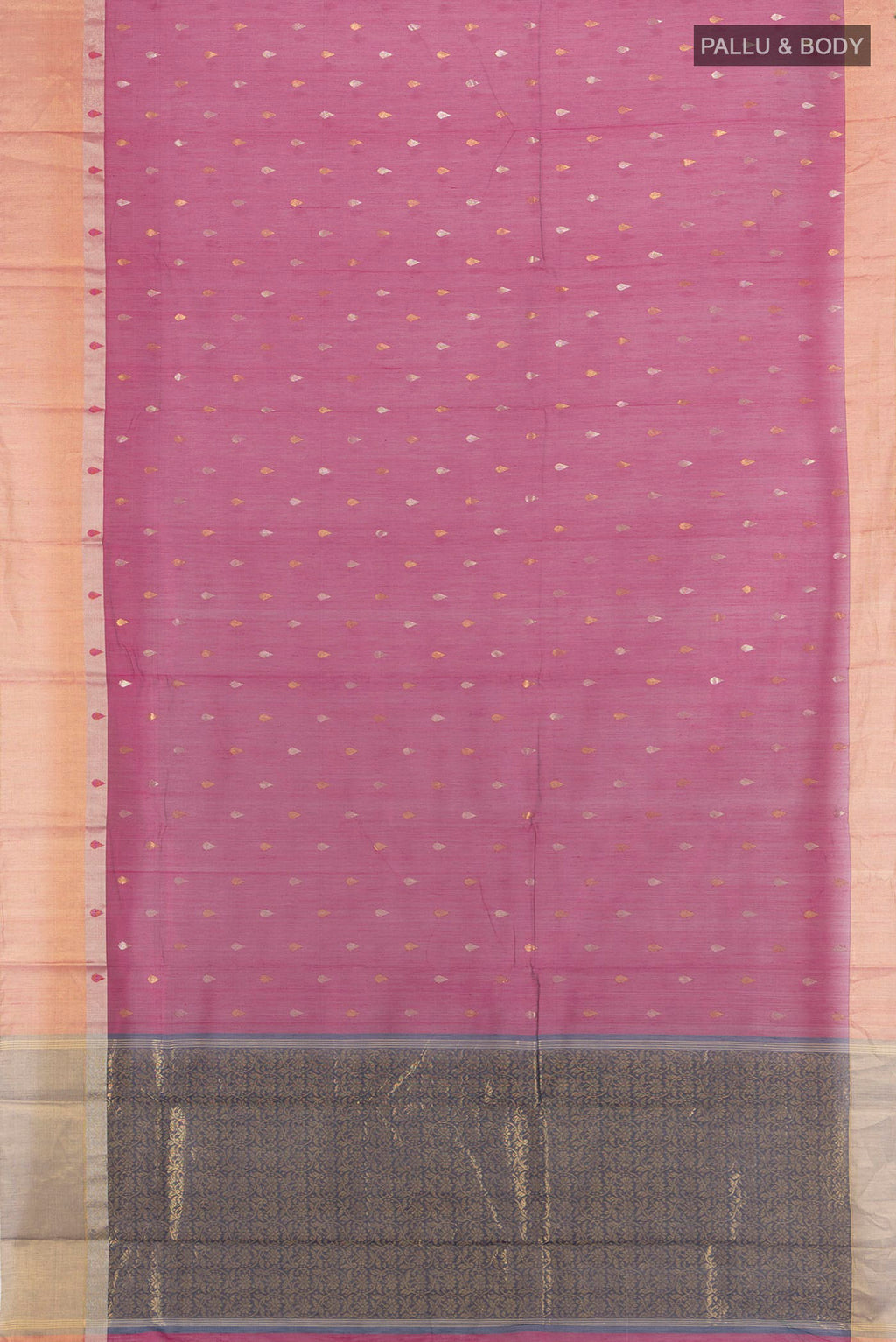 Flat view of Dark Pink Chanderi Cotton Saree with Zari Butta on the body and Zari Border. 