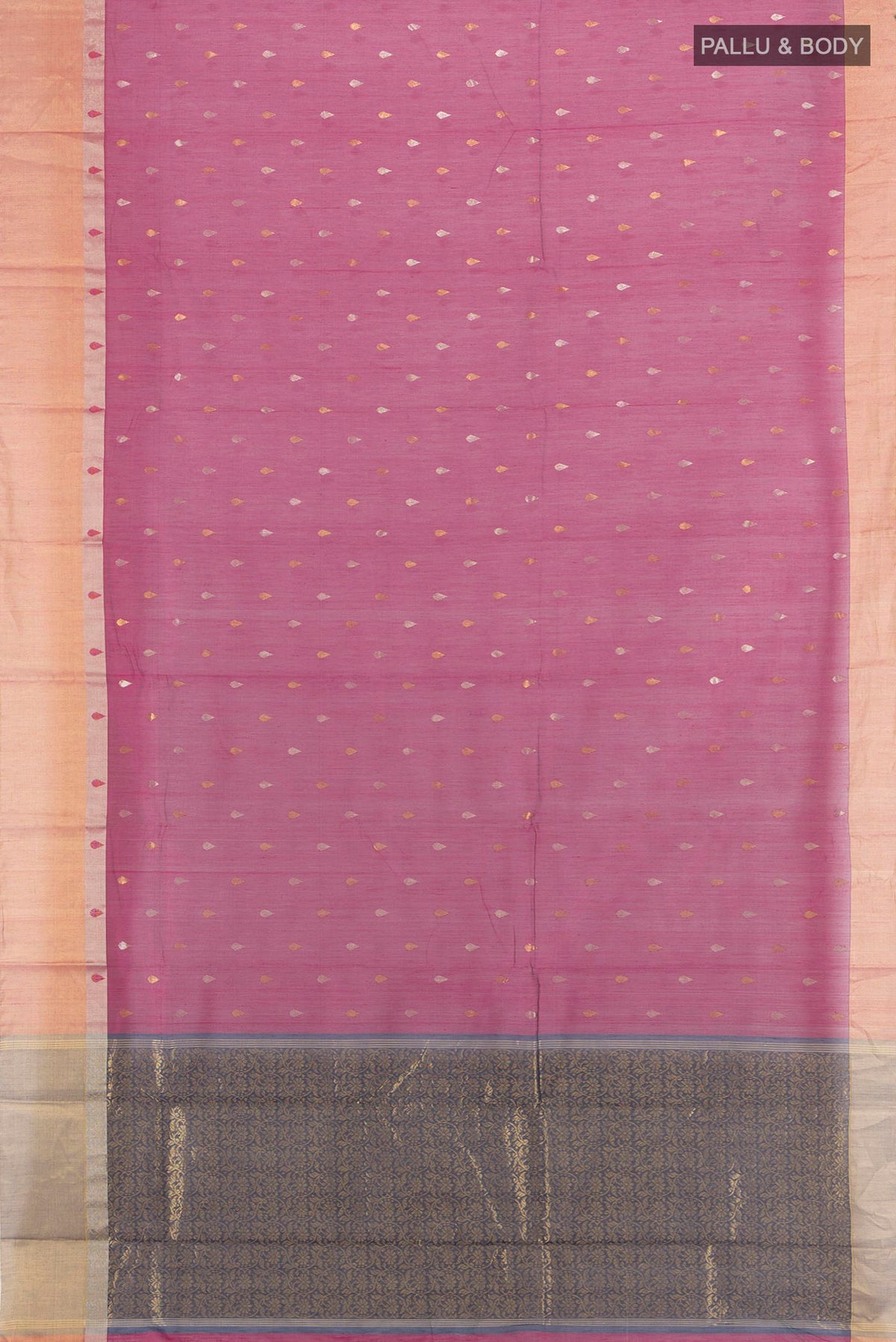 Flat view of Dark Pink Chanderi Cotton Saree with Zari Butta on the body and Zari Border. 