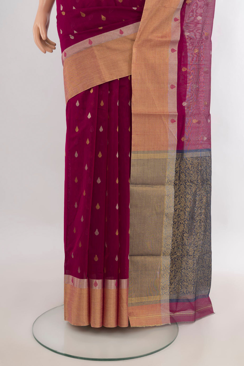 Pleats and pallu of Dark Pink Chanderi Cotton Saree with Zari Butta on the body and Zari Border. 