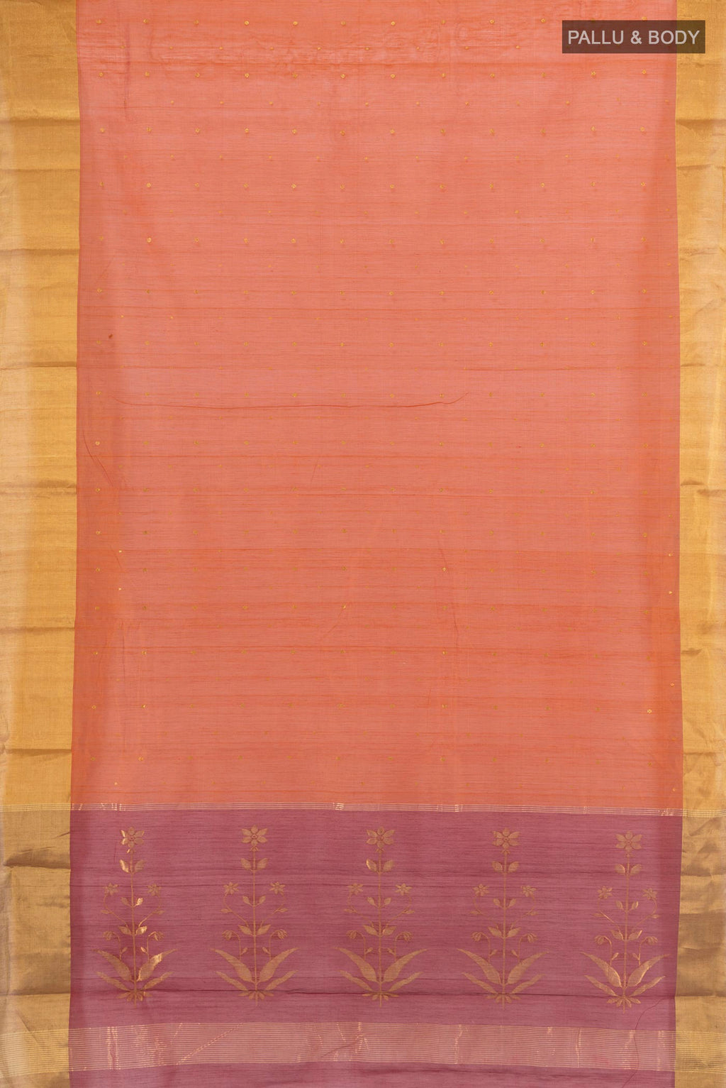 Flat view of Rust Chanderi Cotton Saree with Zari Butta on the body and Zari Border. 