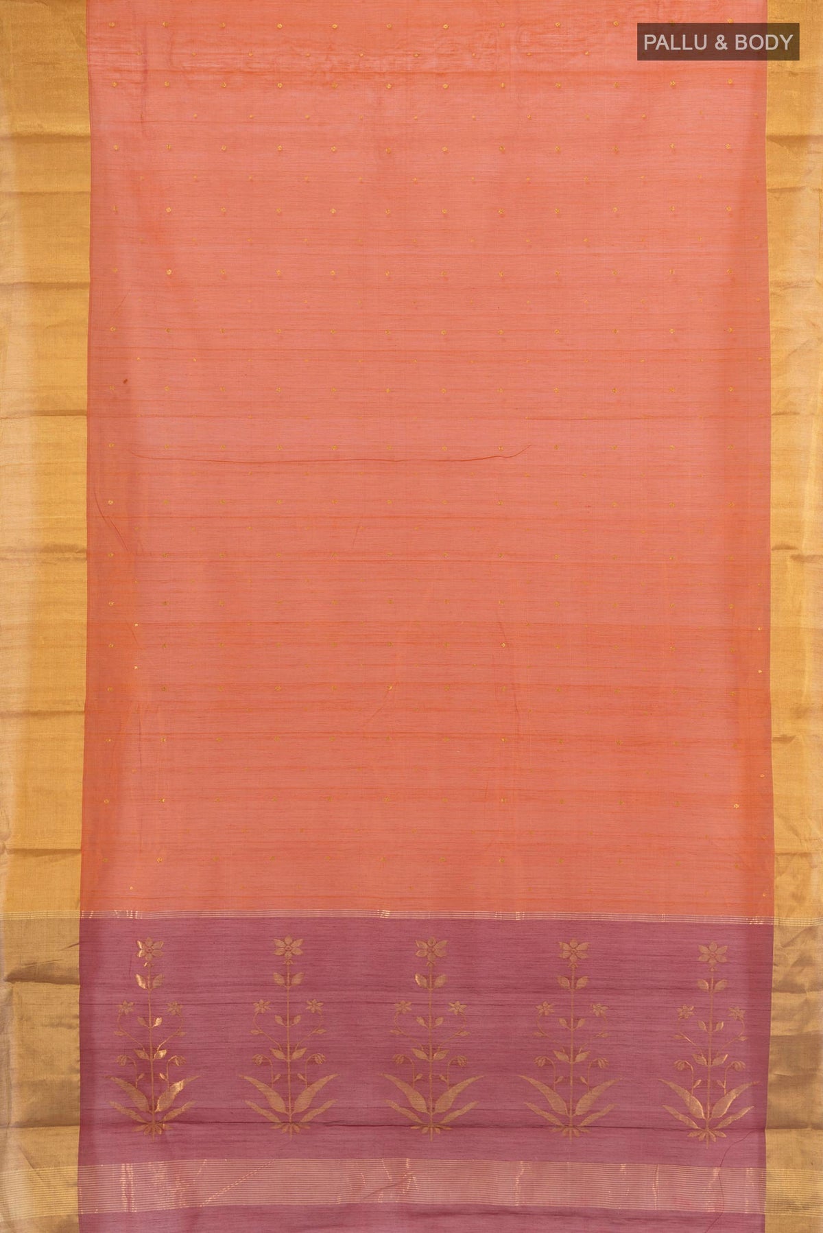 Flat view of Rust Chanderi Cotton Saree with Zari Butta on the body and Zari Border. 