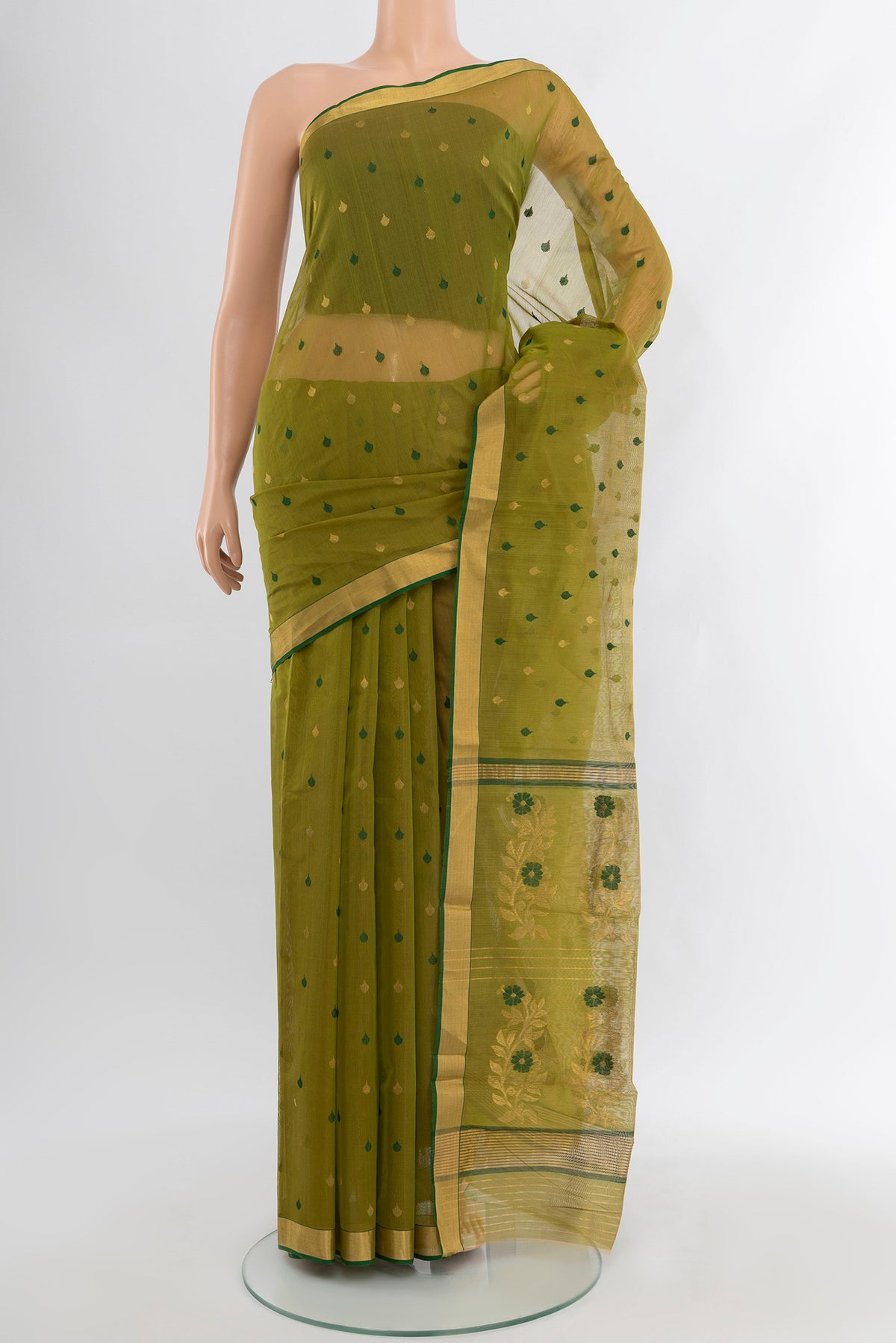 Green Chanderi Silk Cotton Saree with Zari And Thread Butta on the body and Zari Border.  displayed on a mannequin