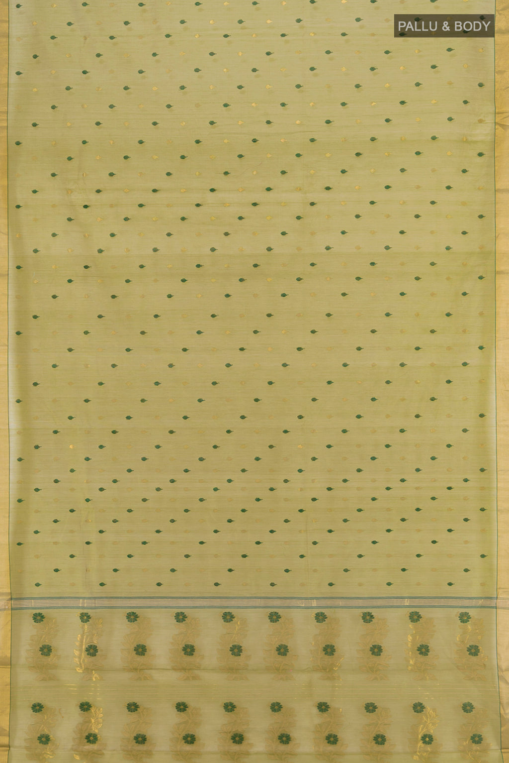 Flat view of Green Chanderi Silk Cotton Saree with Zari And Thread Butta on the body and Zari Border. 