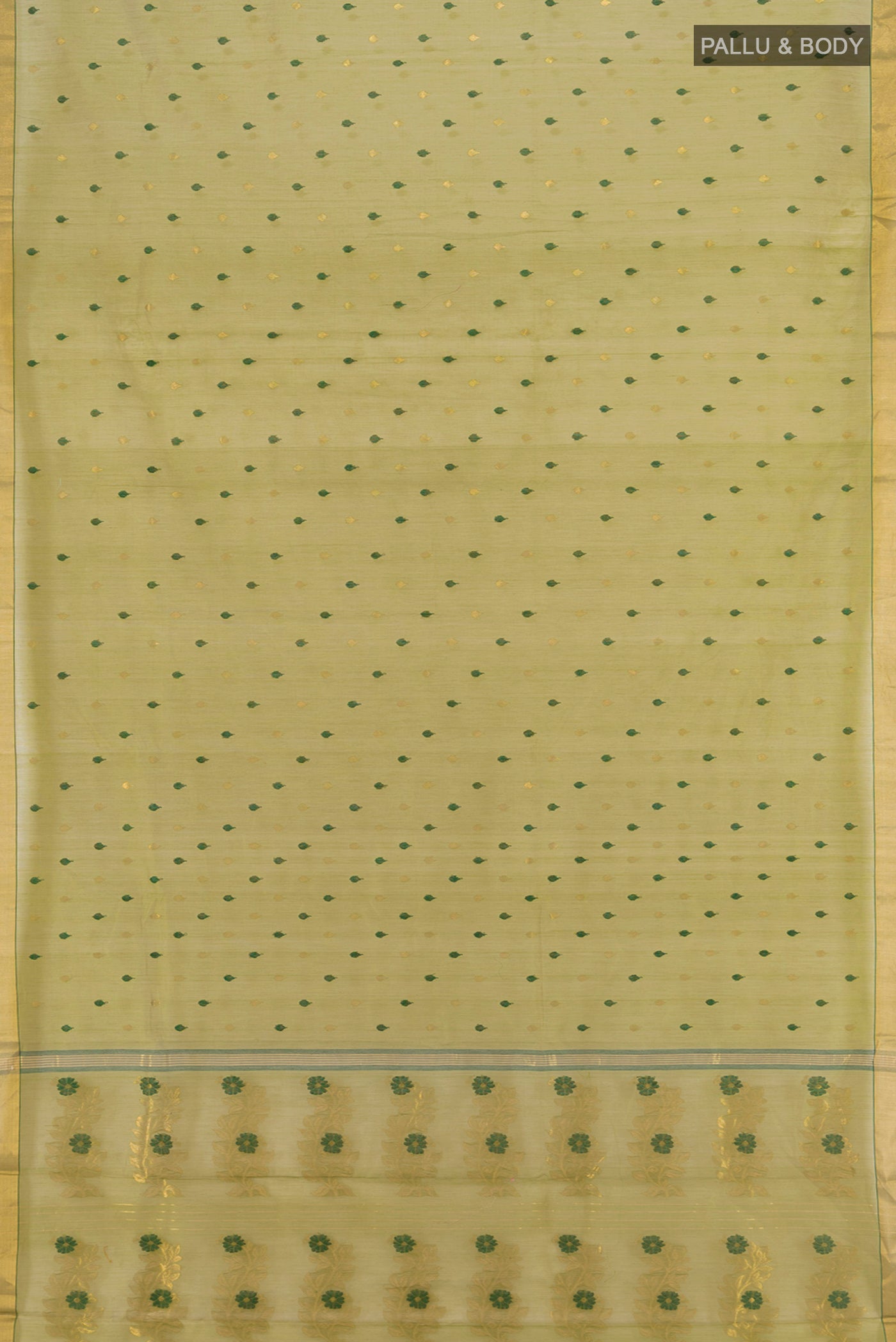 Flat view of Green Chanderi Silk Cotton Saree with Zari And Thread Butta on the body and Zari Border. 