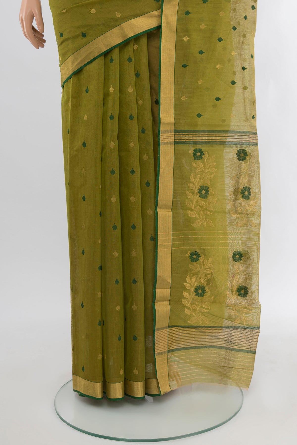 Pleats and pallu of Green Chanderi Silk Cotton Saree with Zari And Thread Butta on the body and Zari Border. 
