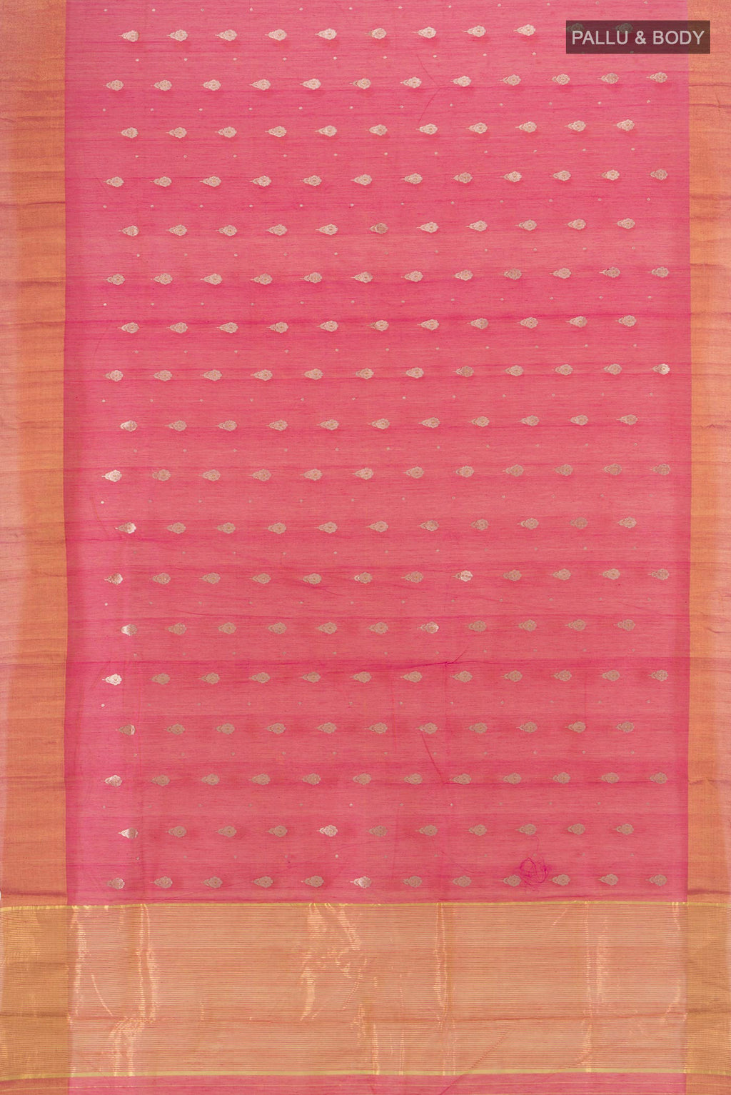 Flat view of Coral Chanderi Silk Cotton Saree with Zari Butta on the body and Zari Border. 