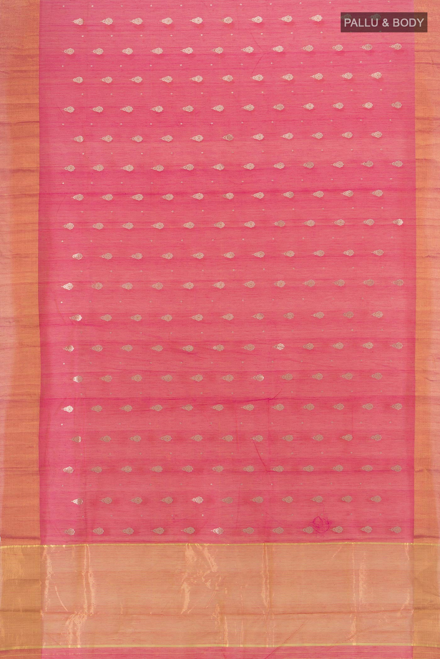 Flat view of Coral Chanderi Silk Cotton Saree with Zari Butta on the body and Zari Border. 