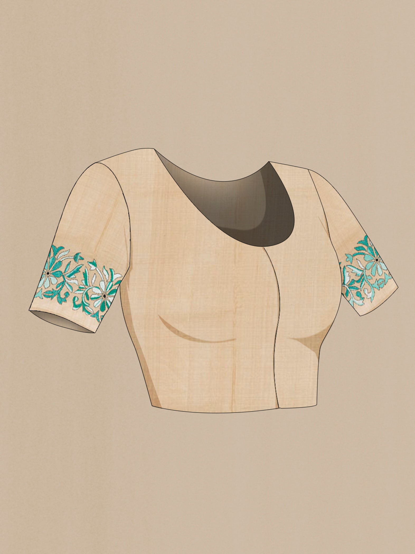 Close up image of the blouse of Sandal Kantha Silk Saree with Jacquard With Thread Butta on the body and Embroidery Border. 